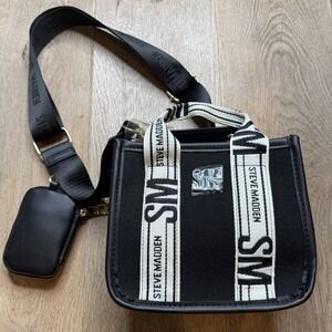 Steve Madden Bwebber Convertible Tote Bag  Black‎ White Hardware NWOT